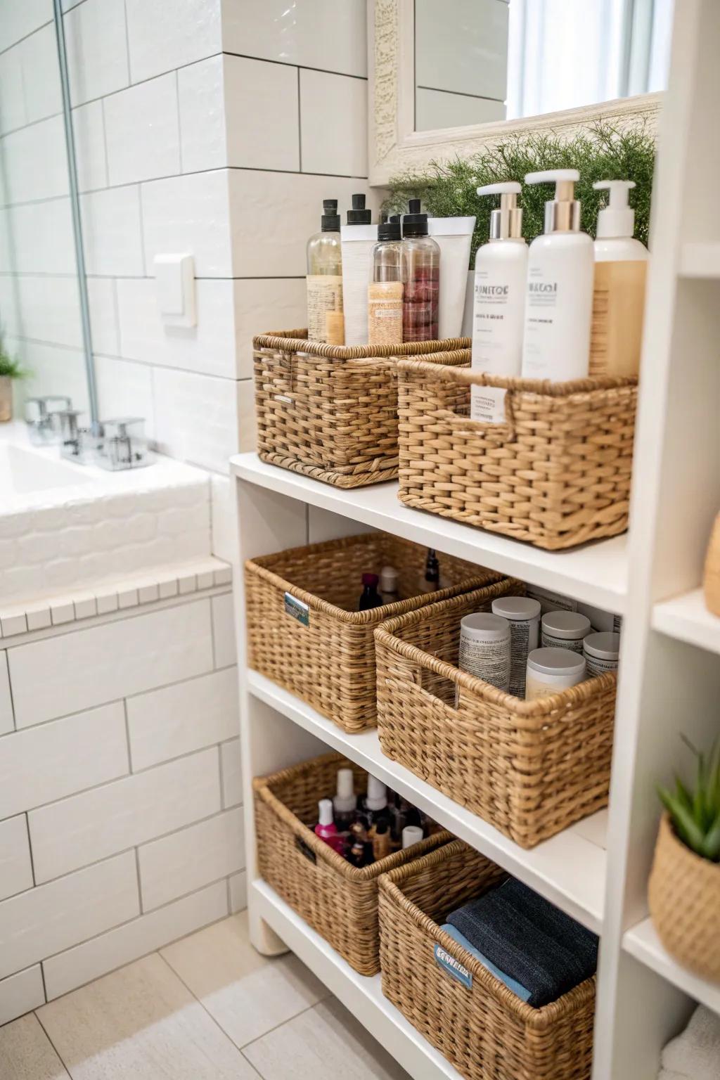 Chic containers provide cozy and structured storage for styling products.