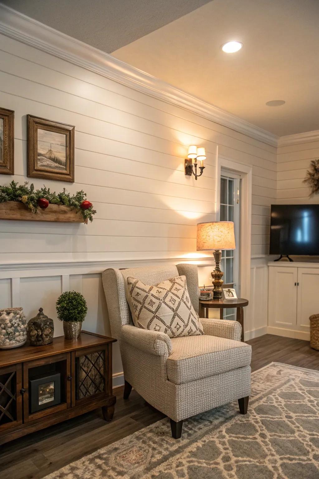 A shiplap centerpiece partition enriches dimension and emphasis upon the residing vicinity.