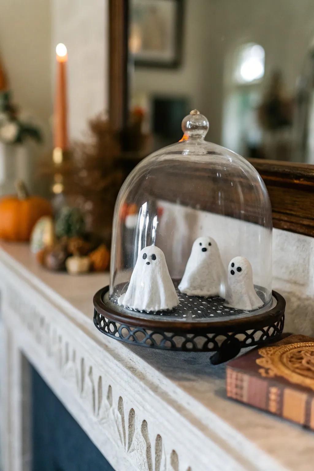Specter figures within a dome infuse playful eeriness.