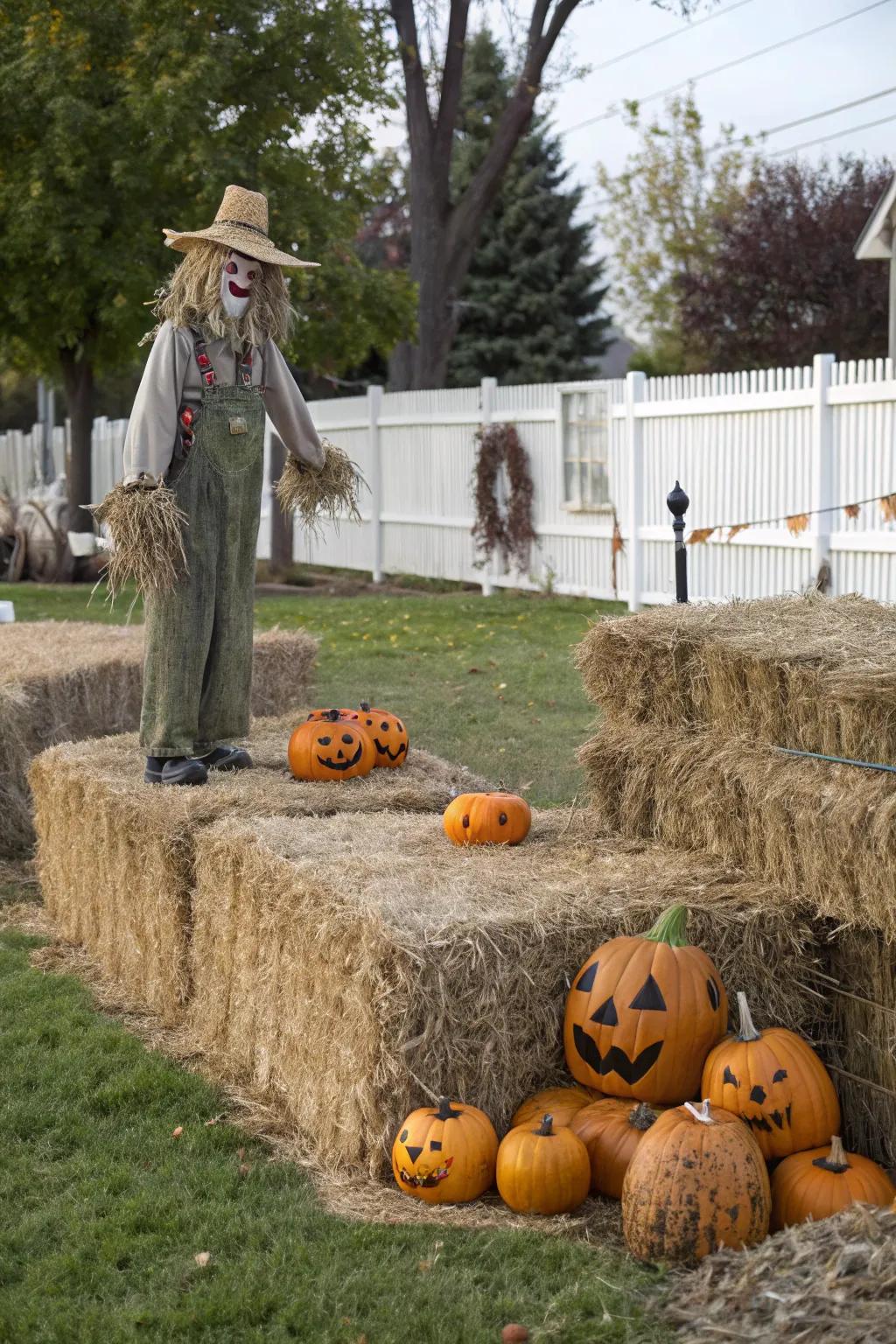 A delightful fusion of autumn harvest and Halloween elements in the front garden.