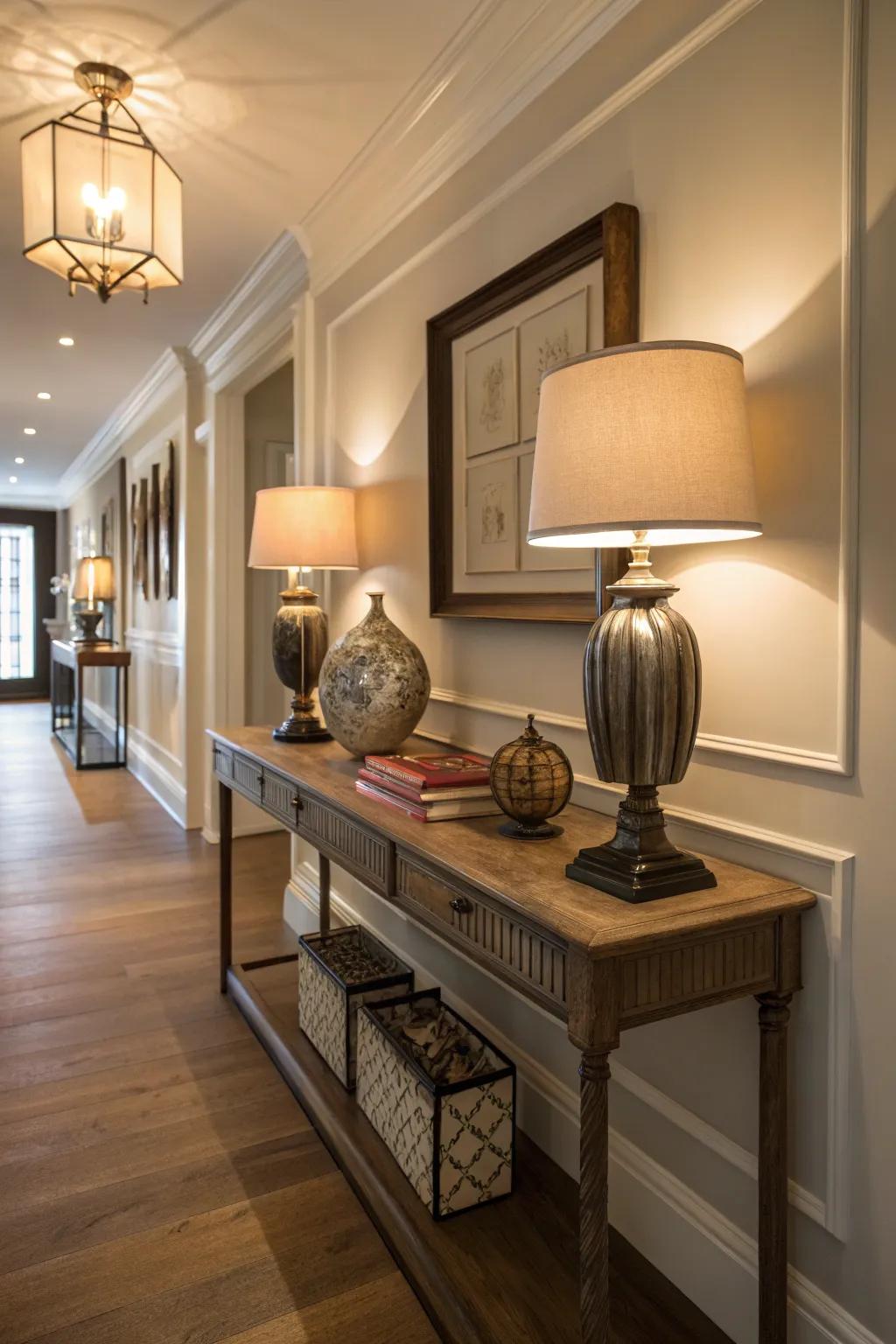 Desk lights contribute to a cozy radiance to corridor corners.