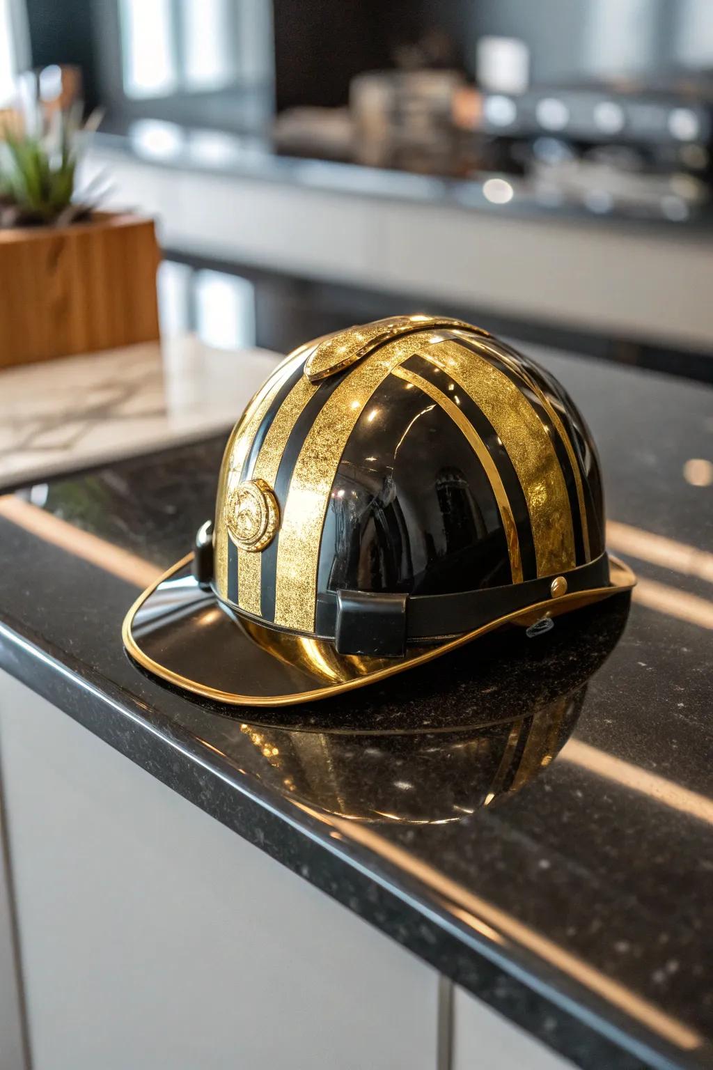 A hard hat augmented through glossy metallic embellishments.