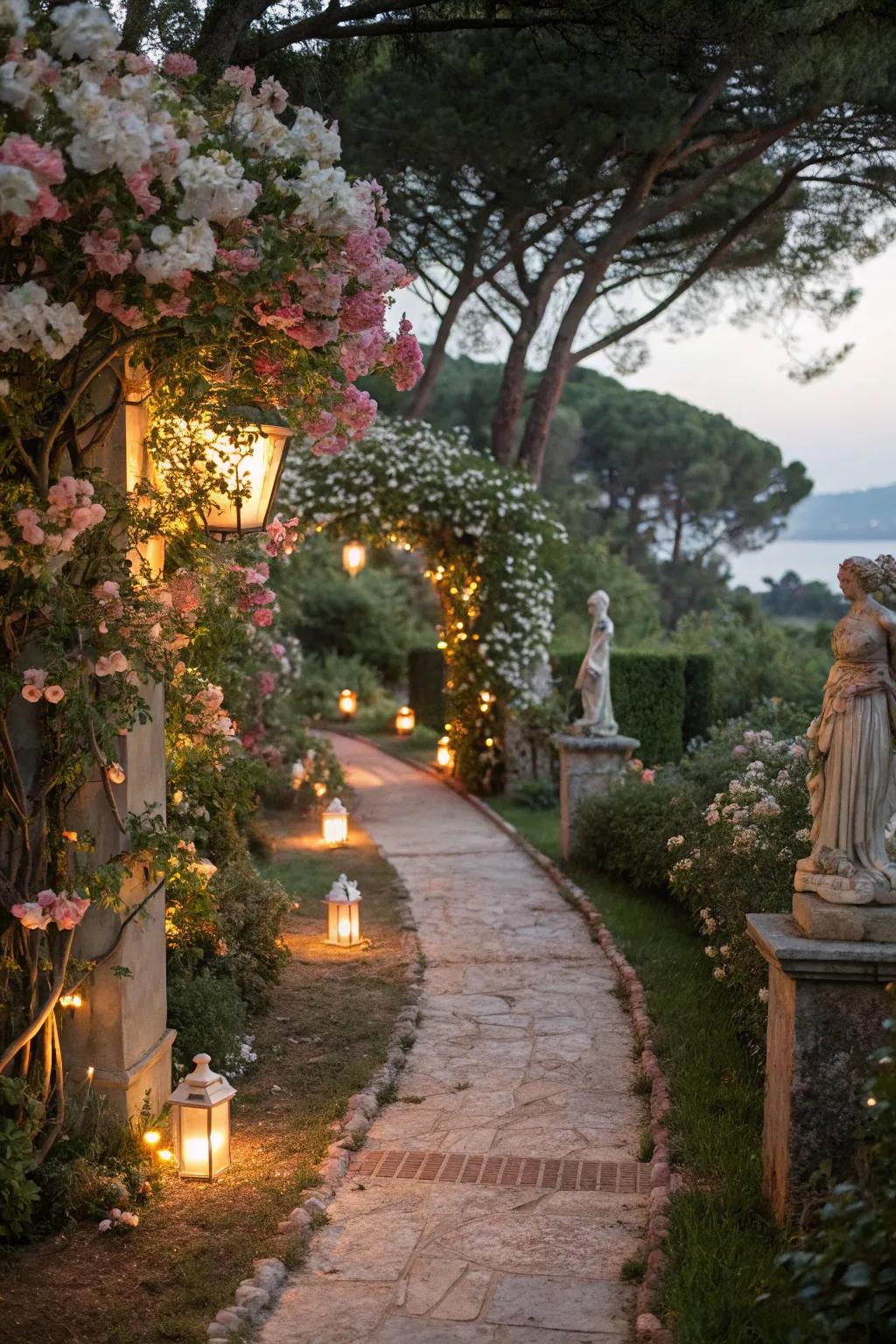 Exterior illumination heightens the garden's allure during the night.