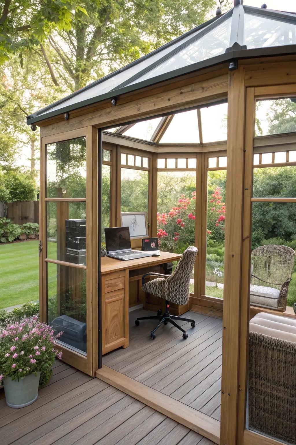 Establish a serene sanctuary with an enclosed gazebo space.
