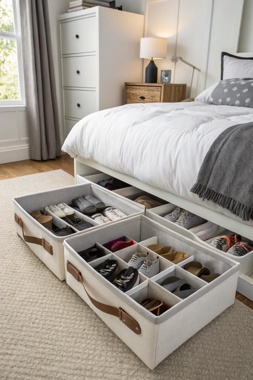 Beneath-the-bed storage keeps shoes organized and out of sight.