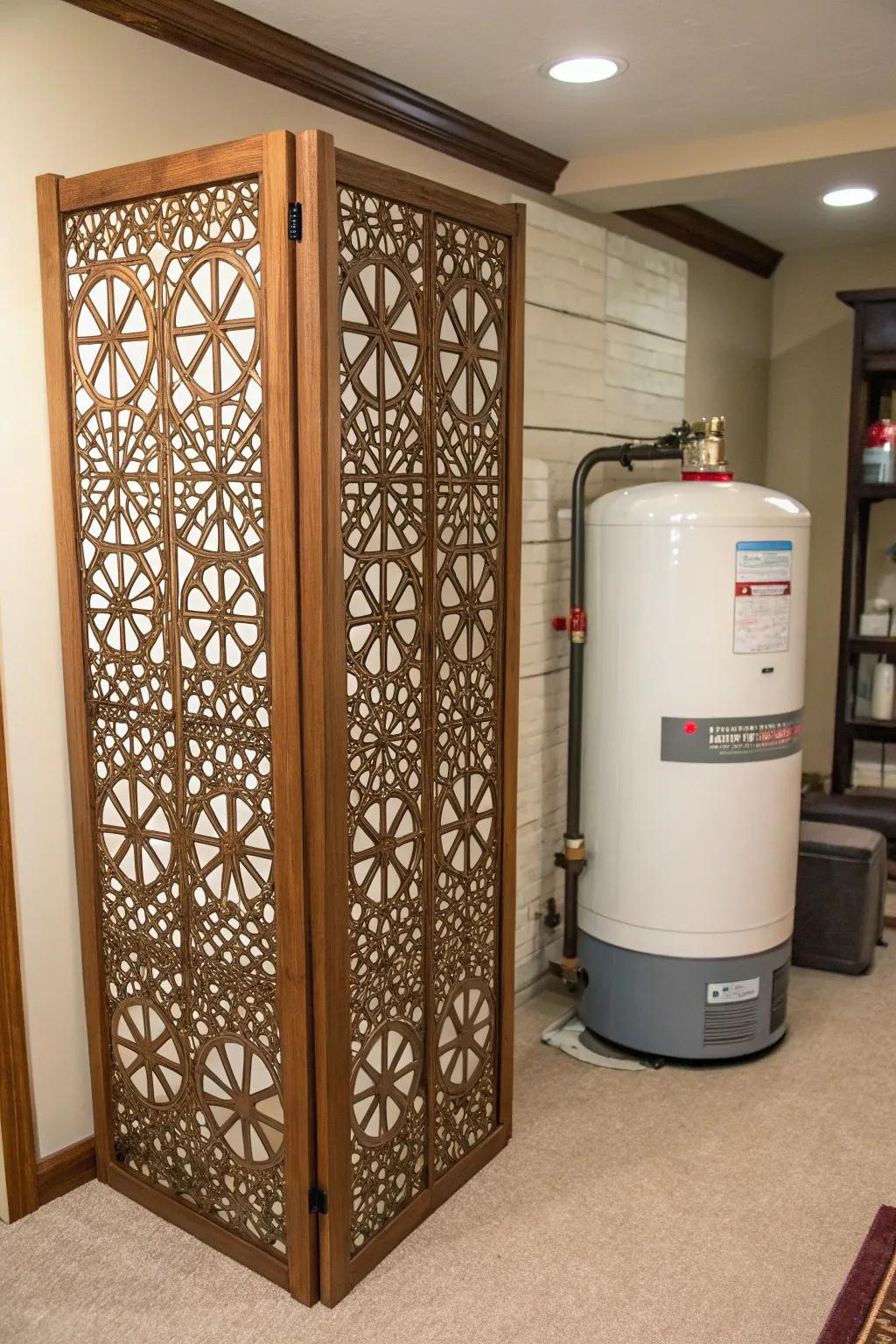 A geometric pattern screen creatively conceals a water heater.