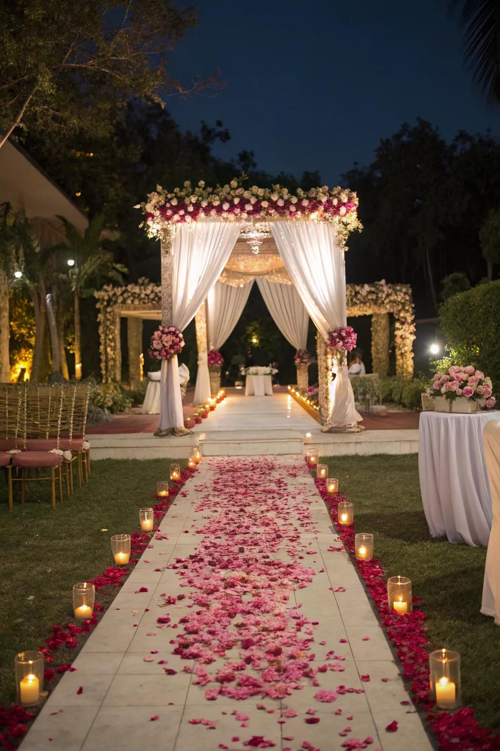 Welcoming passages leading toward the mandap, embellished with petals and drapes.