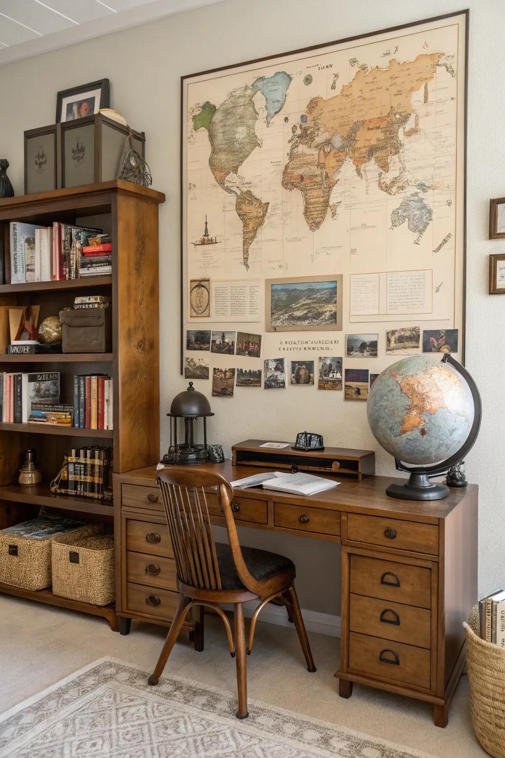 A vintage map board that blends history and wanderlust in a home office.