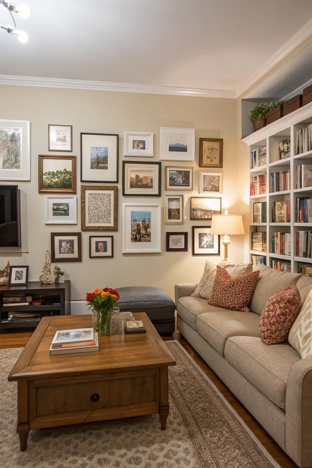 A gallery wall recounts a personal story through a curated collection of art.