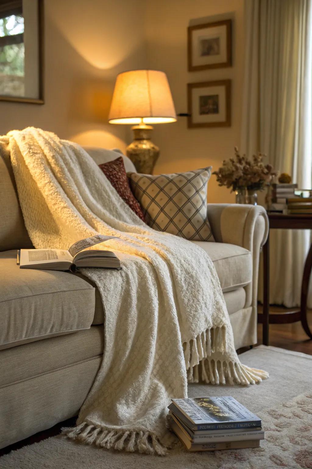 A soft throw artistically draped over a sofa, providing an inviting and cozy touch to the room.