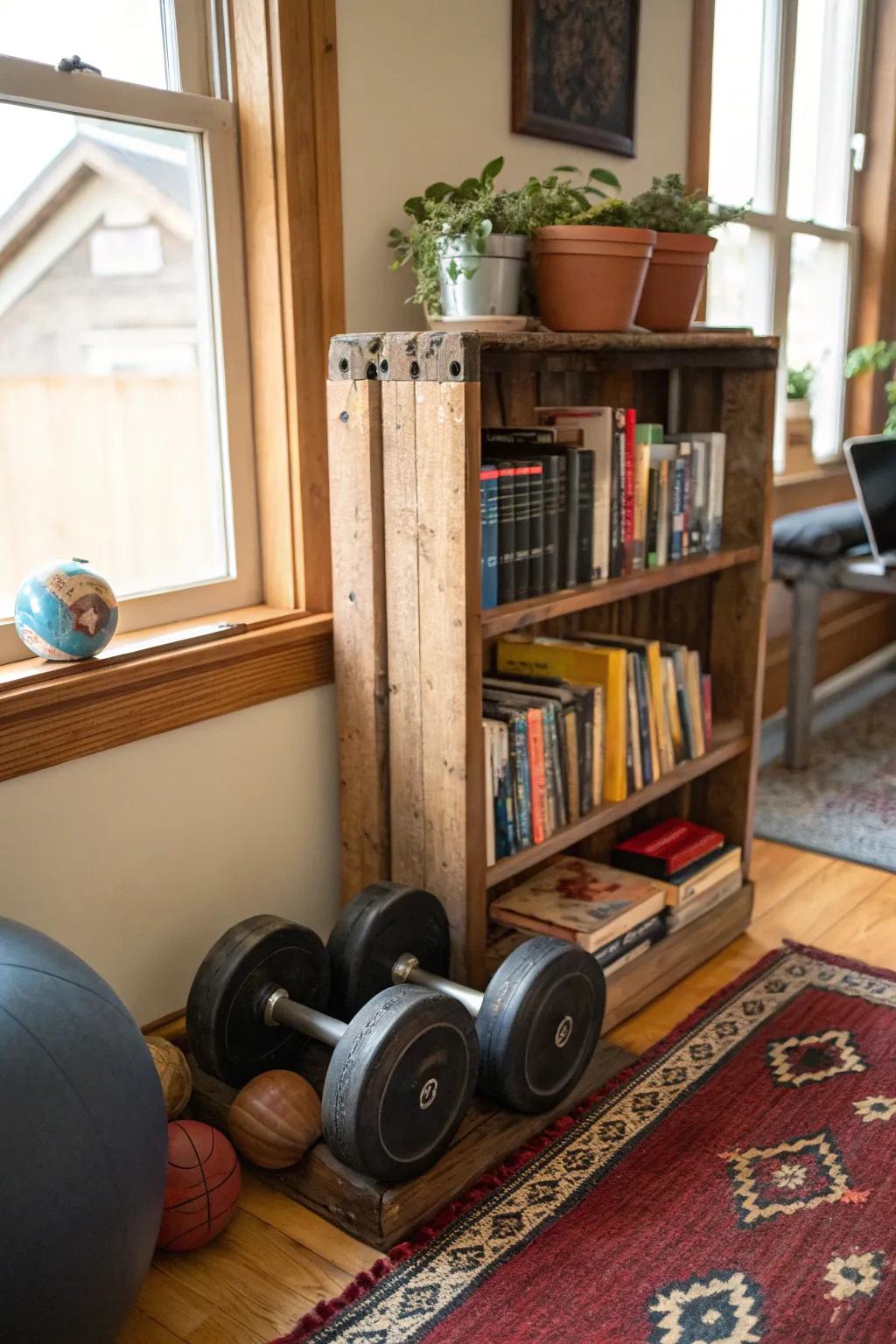 Repurposed furniture adds character and utility to your exercise space.