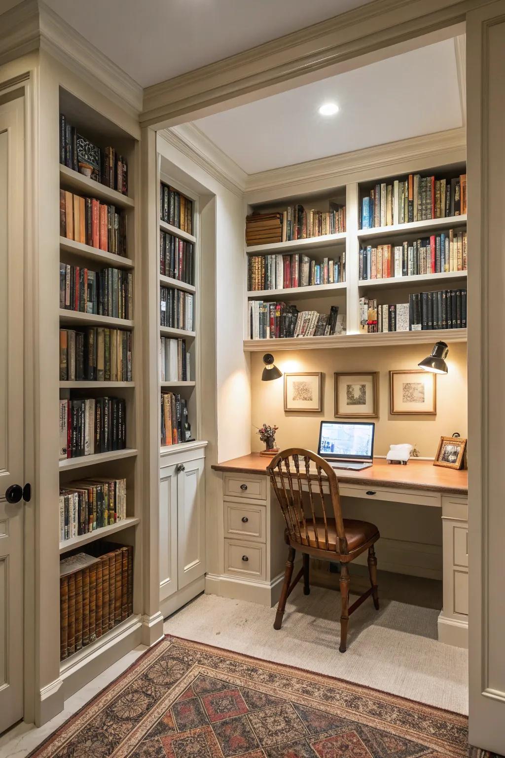 A study area blends seamlessly into the library for function.