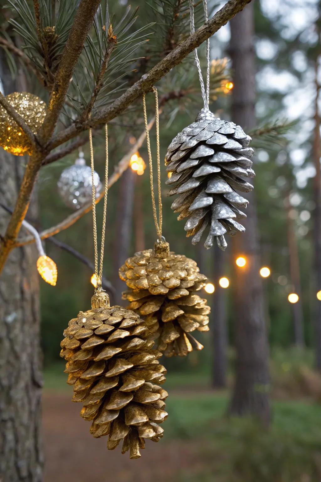 Elegant gilded cones contributing a sense of opulence to the festive ornamentation.