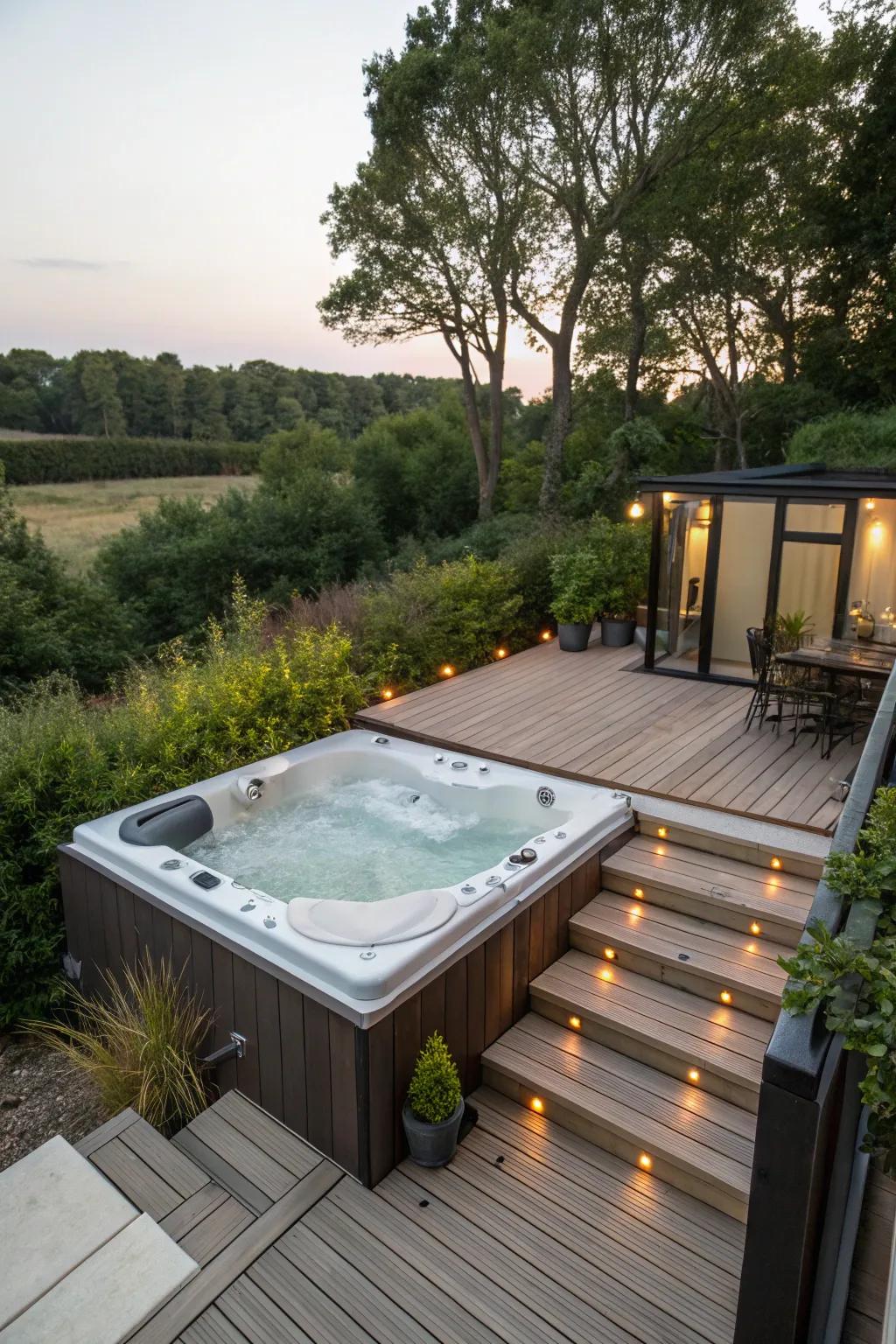 A built-in spa seamlessly integrated into the veranda.