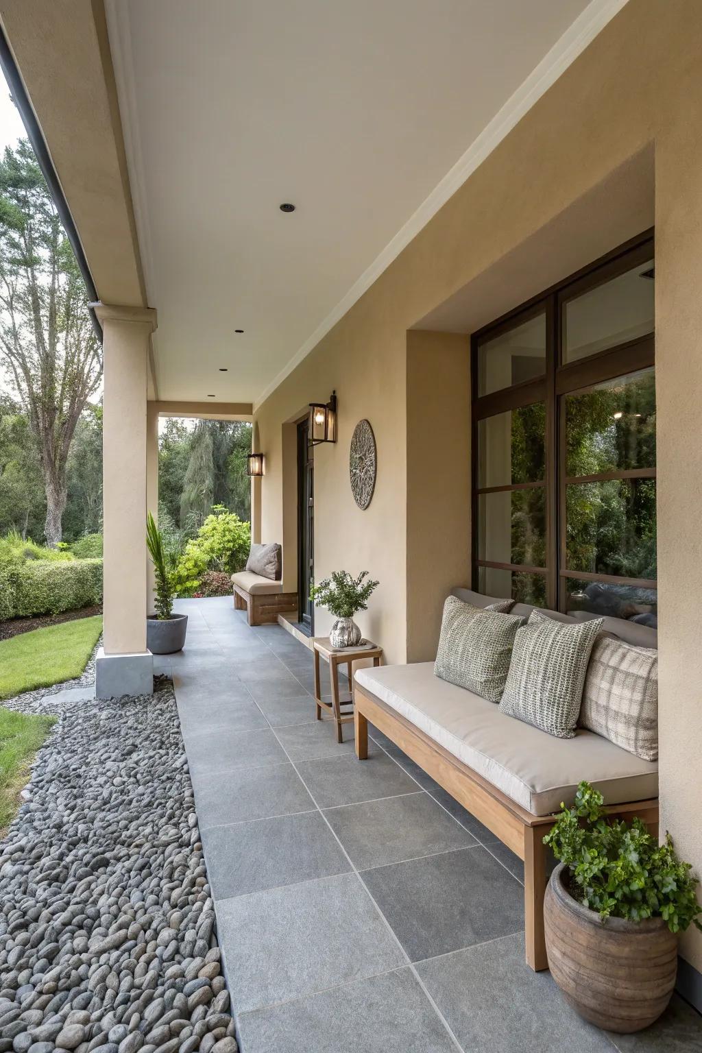 Subdued hues coalesce impeccably within this contemporary porch layout.