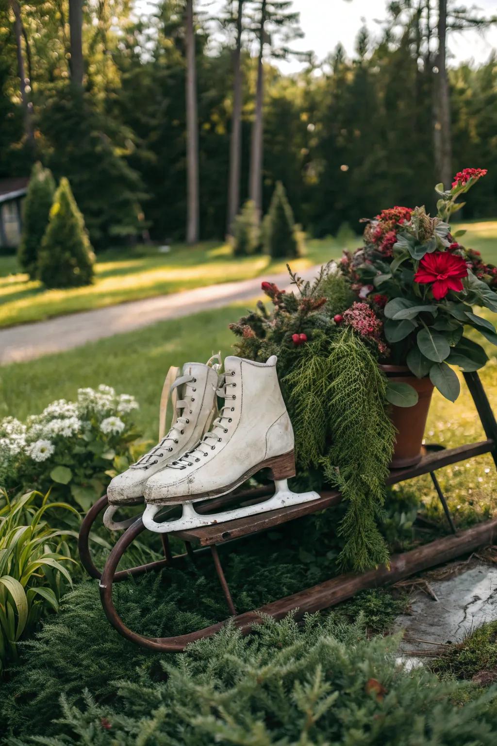 A sentimental sled adorned with vintage gliding boots