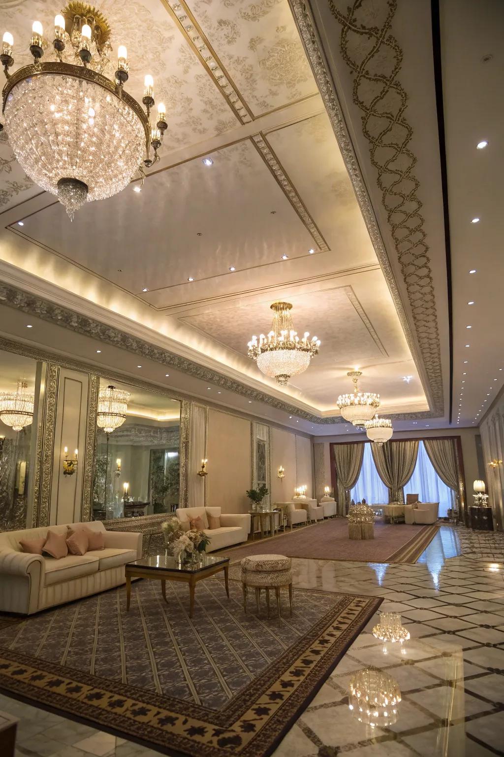 A sumptuous chamber featuring a reflective overhead plane that reflects illumination exquisitely.