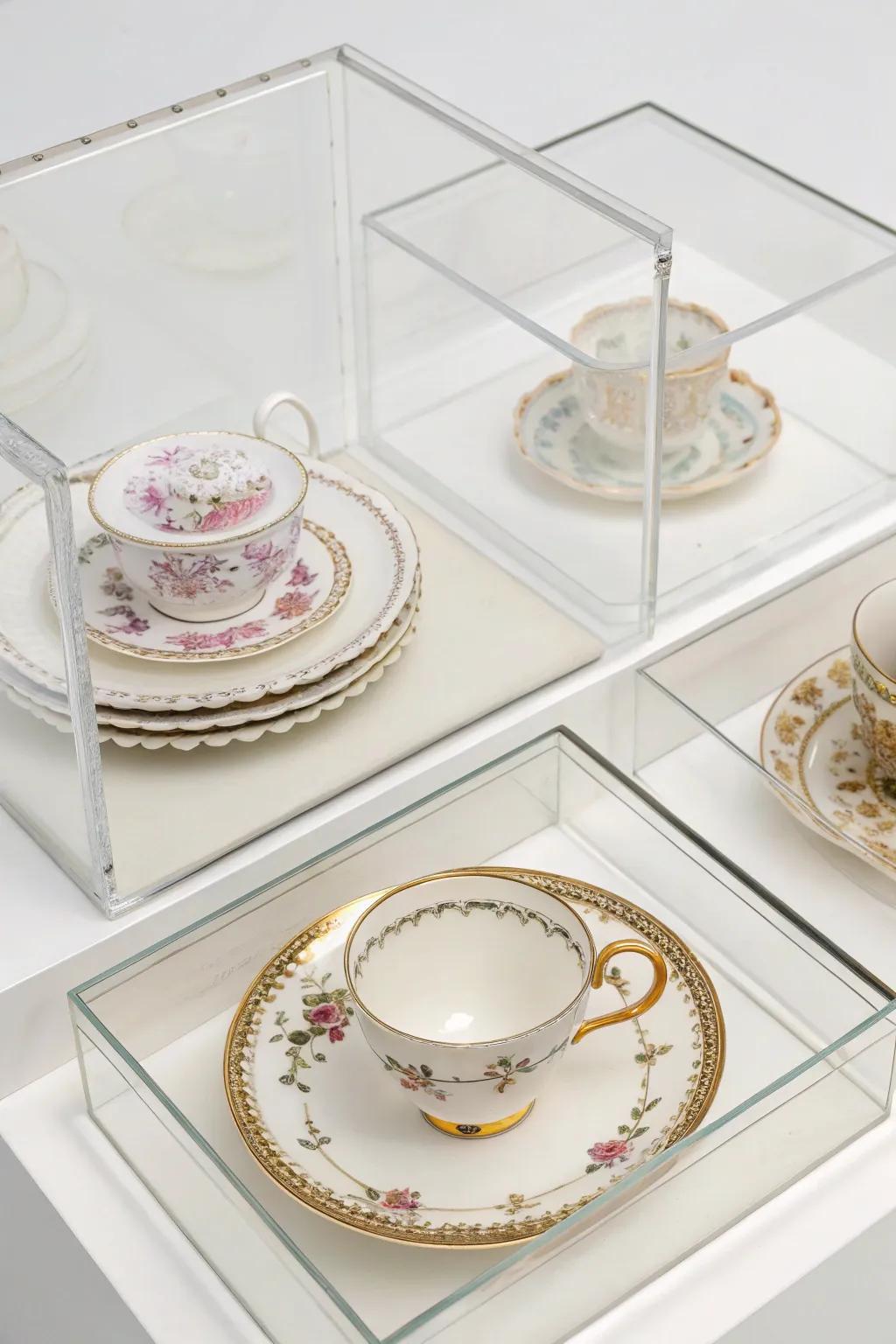 Transparent encasements showcasing individual china articles as standalone artworks.