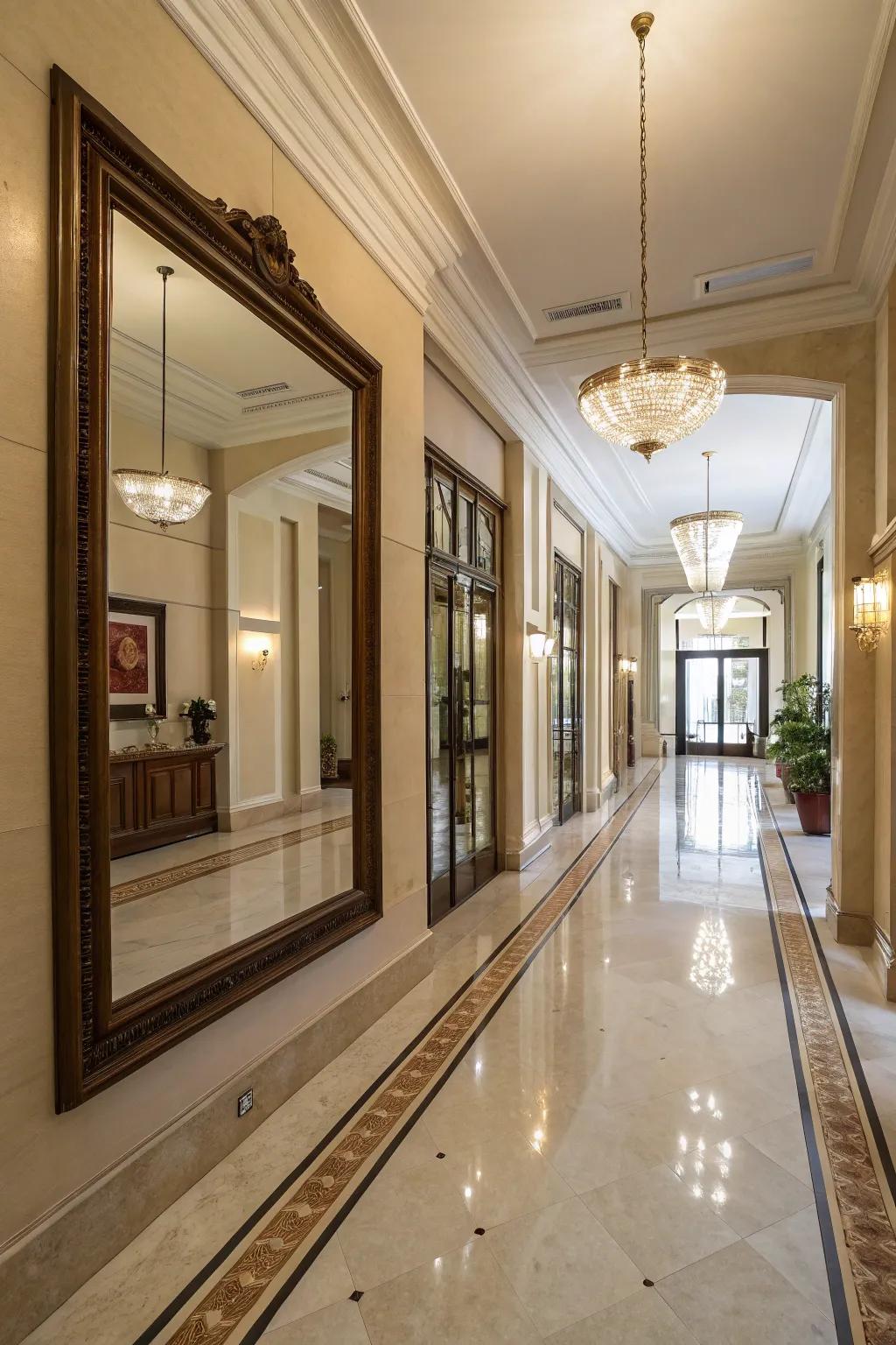 A passageway that presents as more spacious due to the judicious positioning of a mirror.