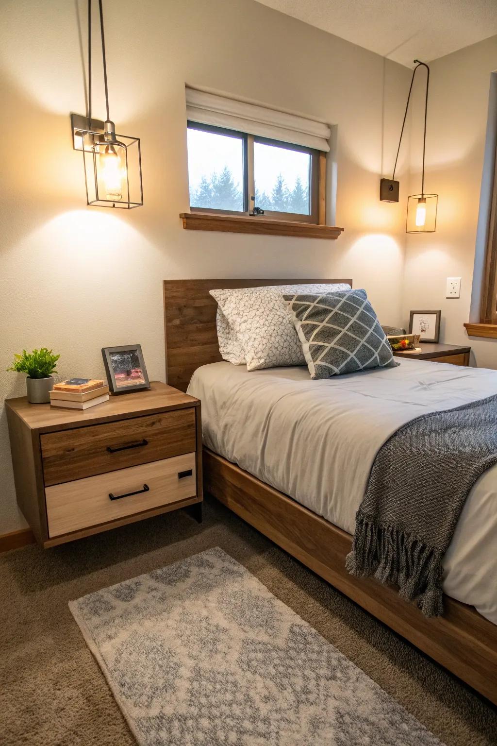 Elevated nightstands optimizing floor space utilization.