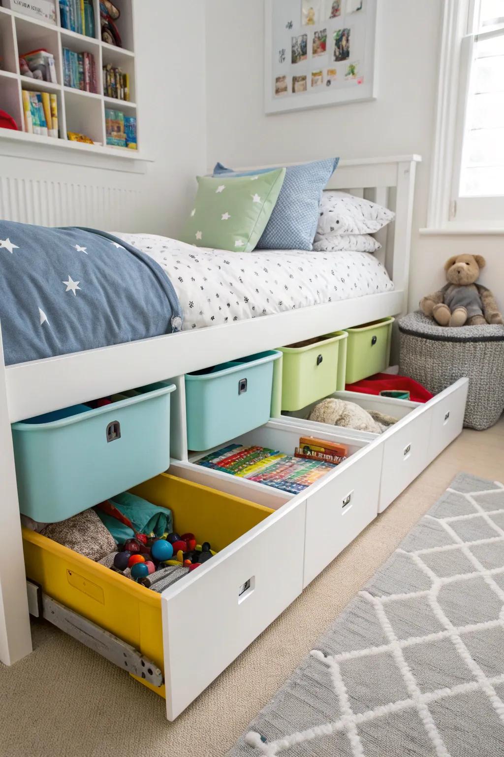 Storage under the bed keeps seldom-used items concealed yet reachable.