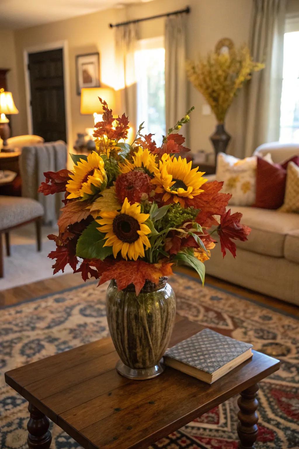 A seasonal arrangement combining sunflowers and autumn leaves.