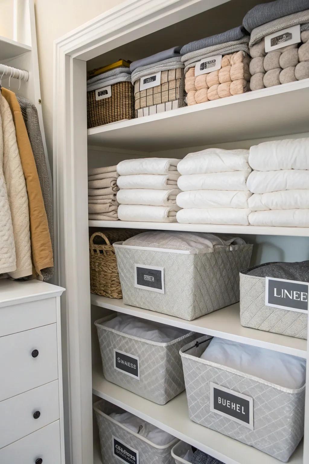 Labeled shelves and units facilitating straightforward comforter arrangement.