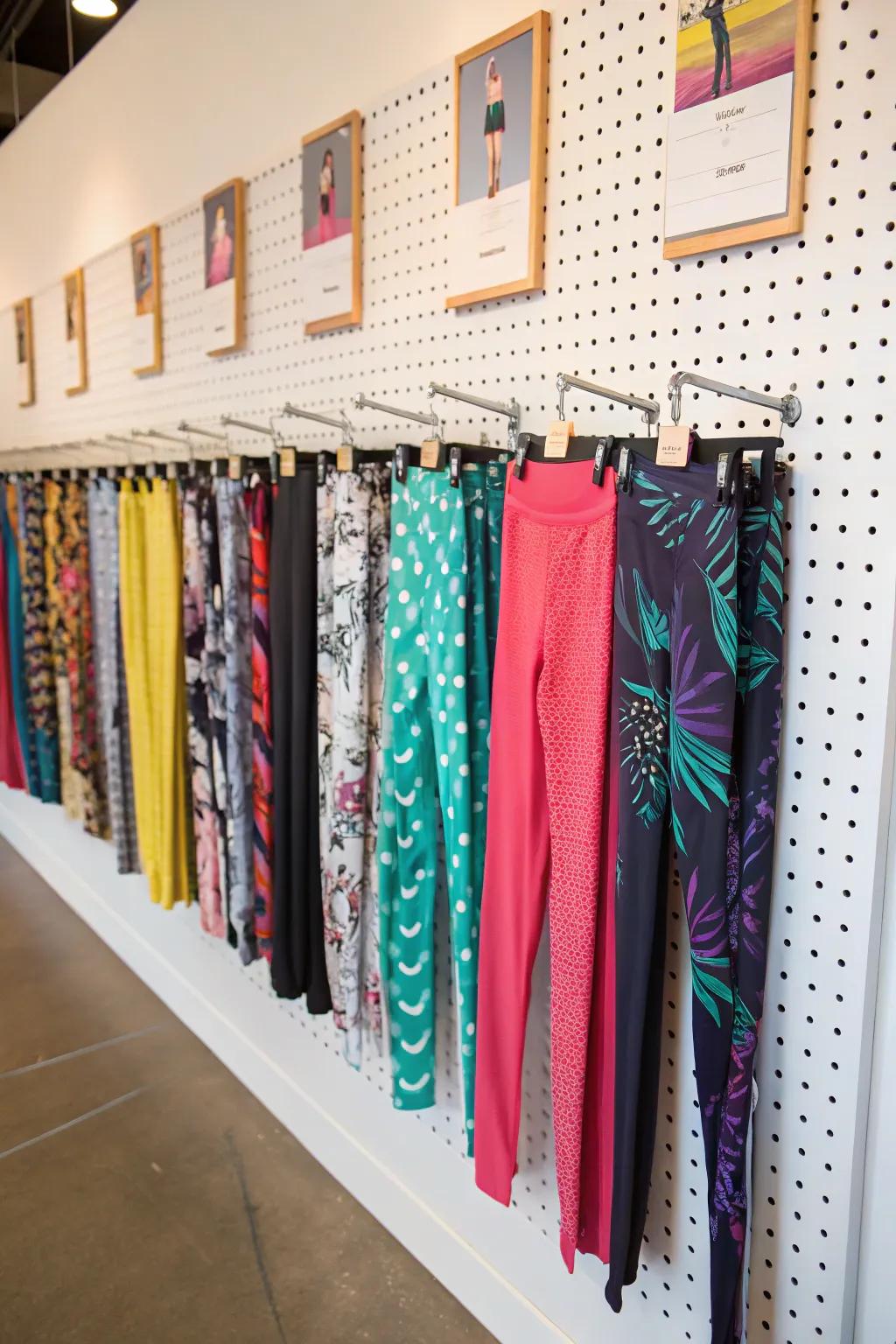 Develop a distinctive storage solution by creating a personalized pegboard rack for leggings.