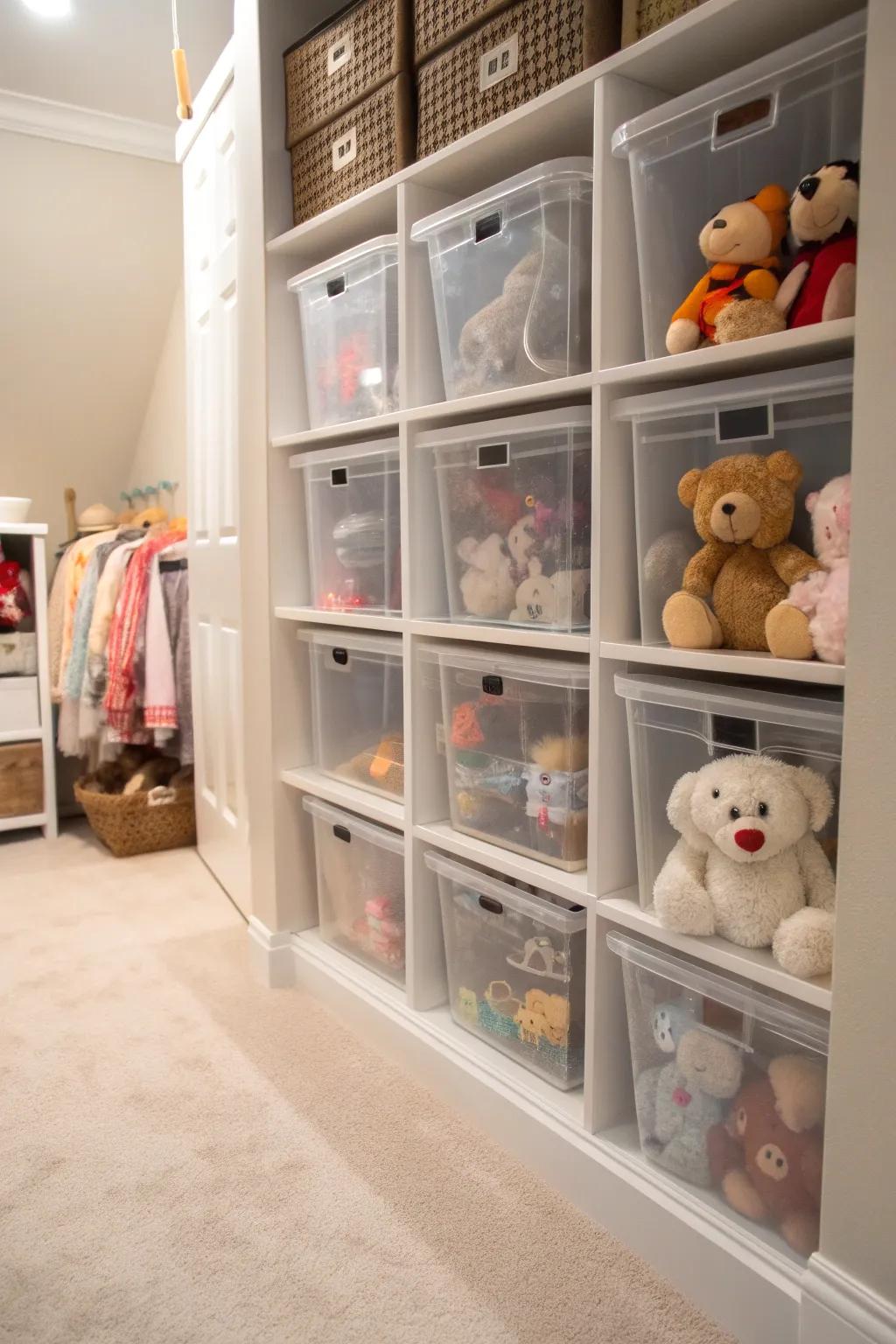 Clear containers ensure stuffed animals are organized and visible.