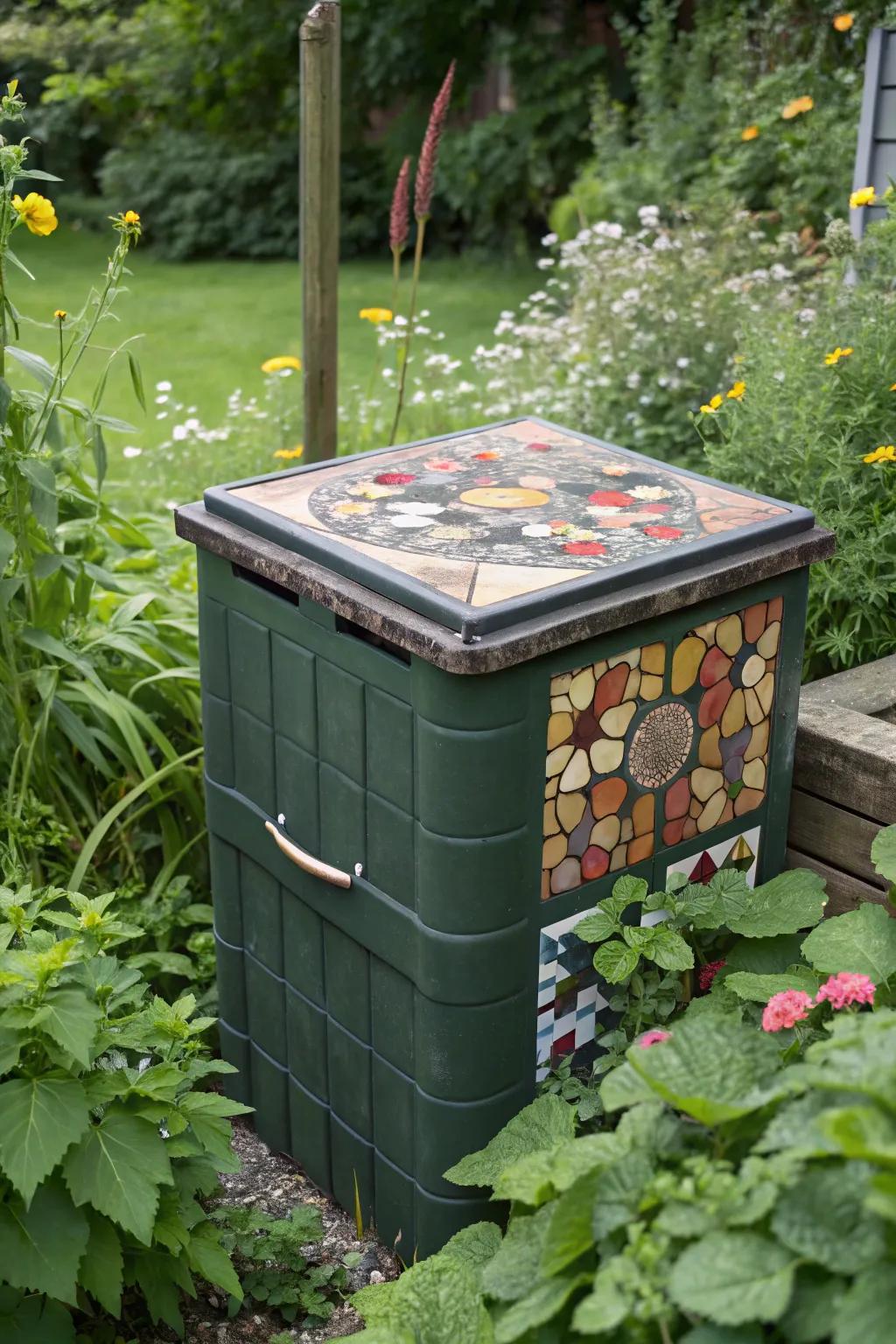 A compost container topped with a decorative mosaic lid, adding charm to the garden.