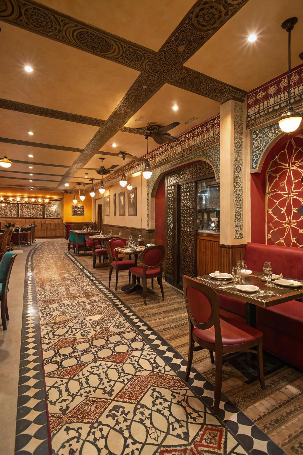Unique patterned flooring makes a statement in an Indian restaurant.