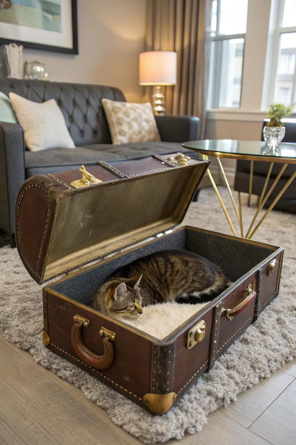 A vintage travel case repurposed into a distinctive cat bed.