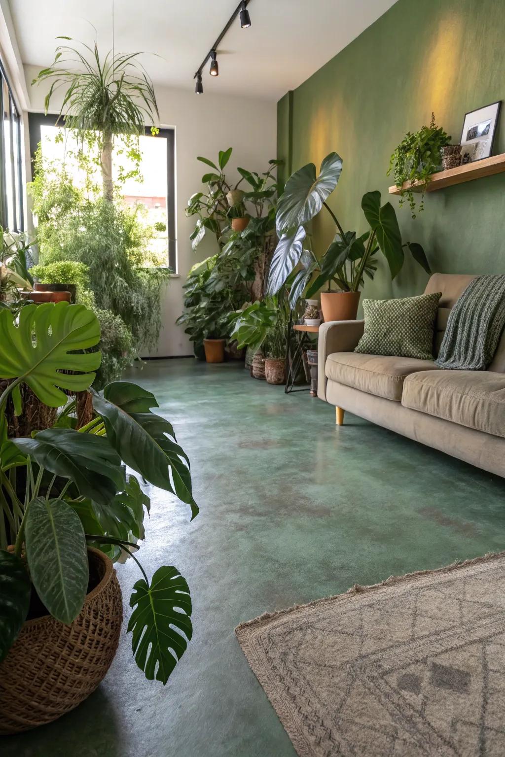 Earthy green tones on a concrete floor harmonize seamlessly with the natural decor of this living space.