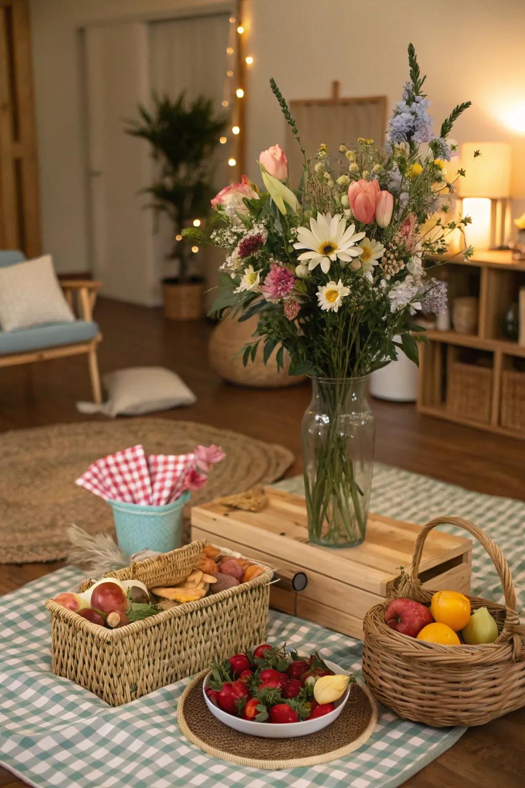 Fresh blooms include natural splendor towards the inside picnic setting.