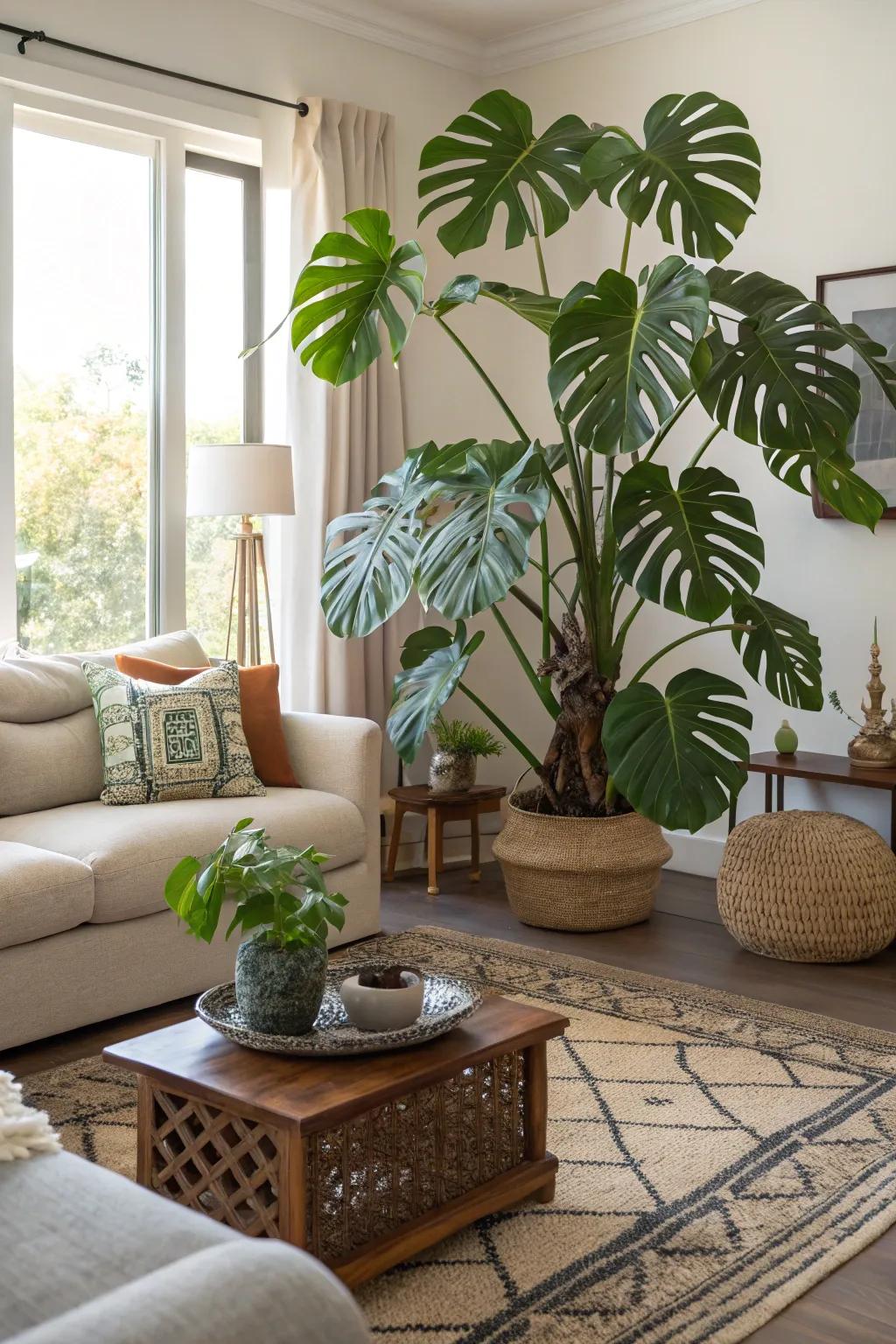 Infuse a tropical ambience into your space with the captivating fenestrated wonder plant.