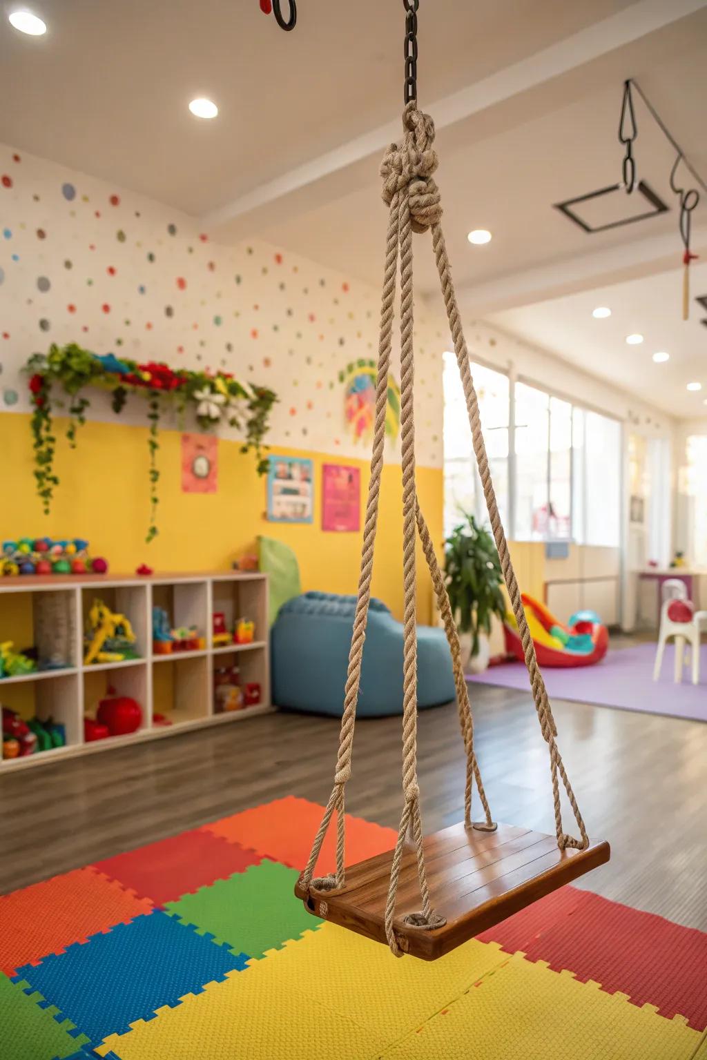 An interior pendulum entices playful repose.