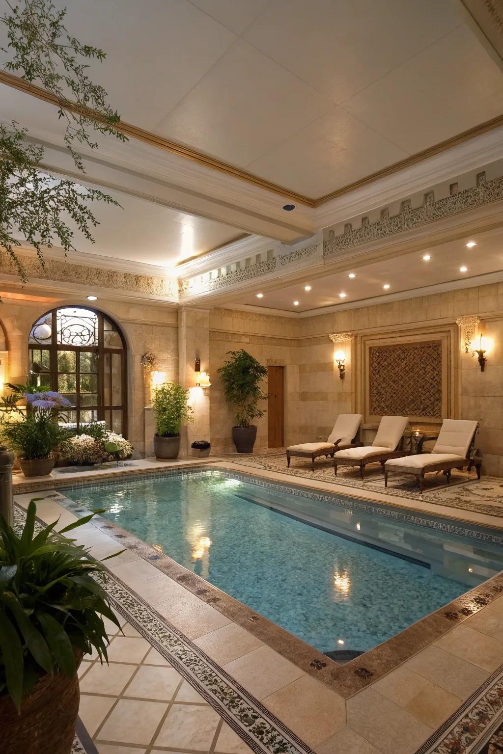A small indoor pool displaying luxurious design components