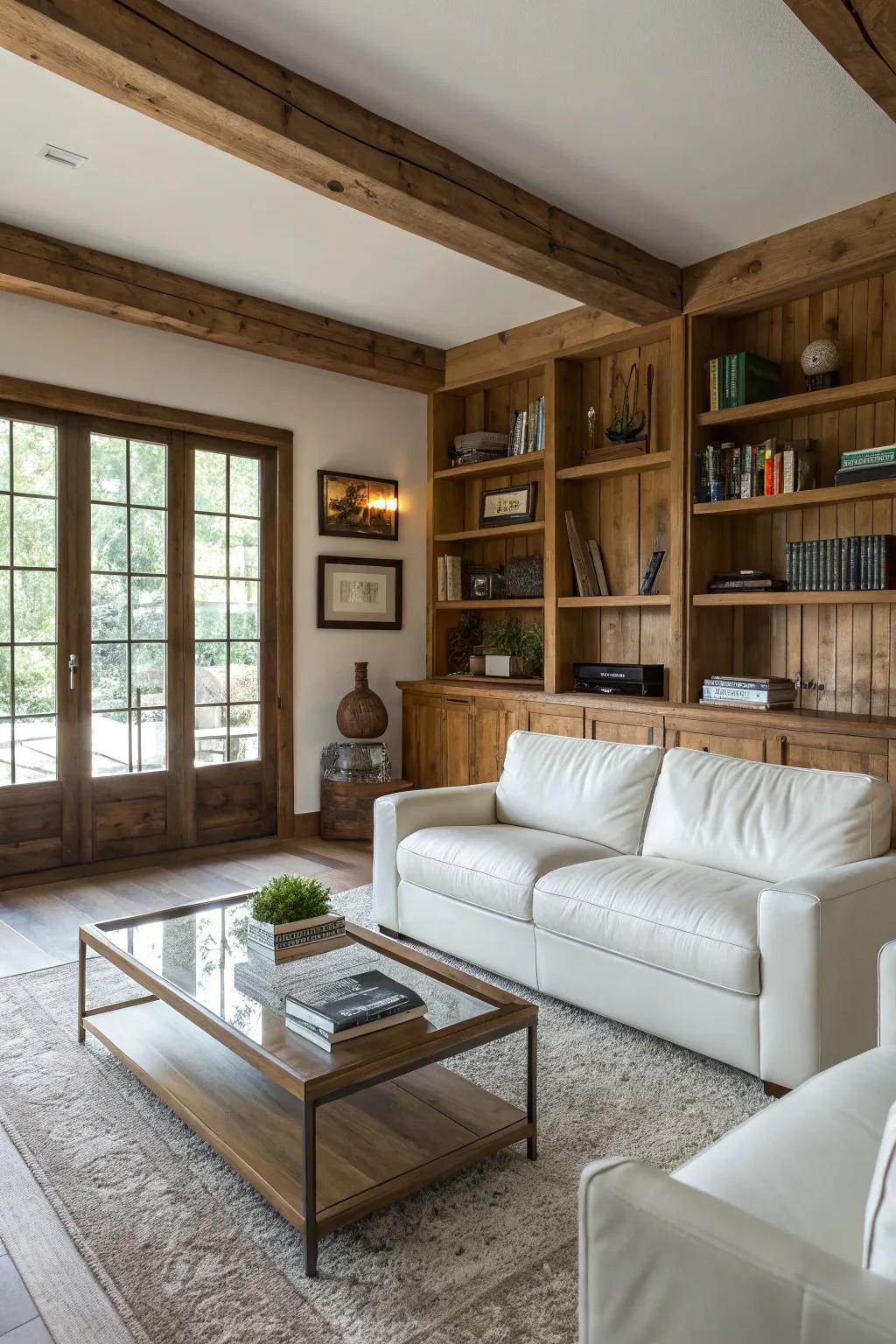 Contemporary furniture harmonizes with rustic charm for a balanced presentation.