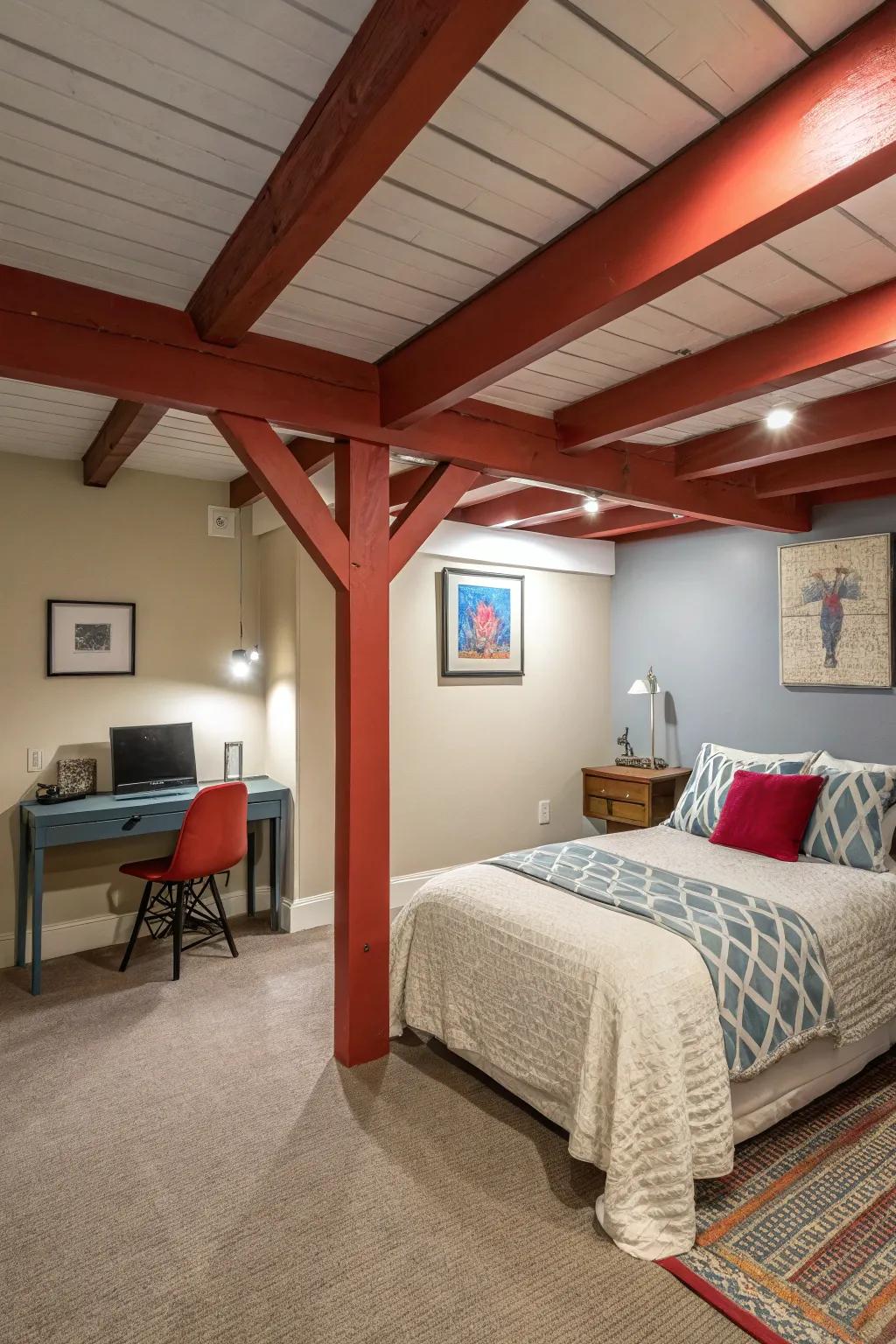 Exposed structural elements contribute uniqueness to your basement.