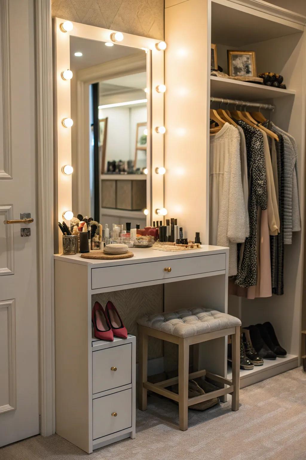 Create a personal touch with a cozy vanity corner in your closet.