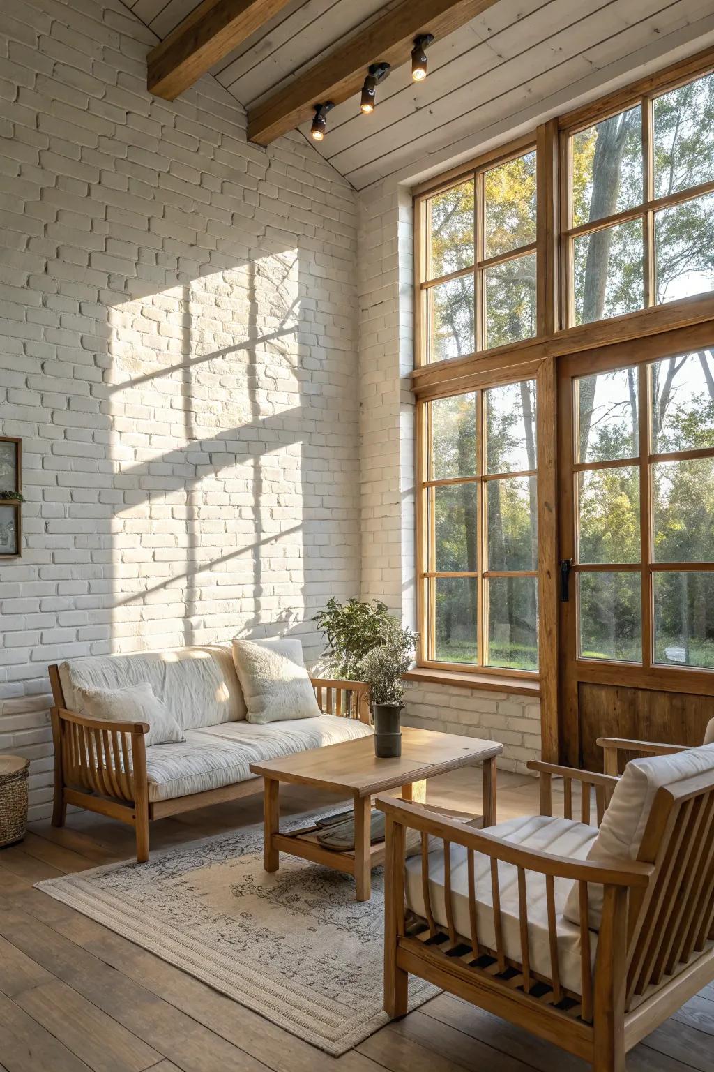 A bright and airy living room with a white-painted brick wall, enhancing the expansive and breezy atmosphere.