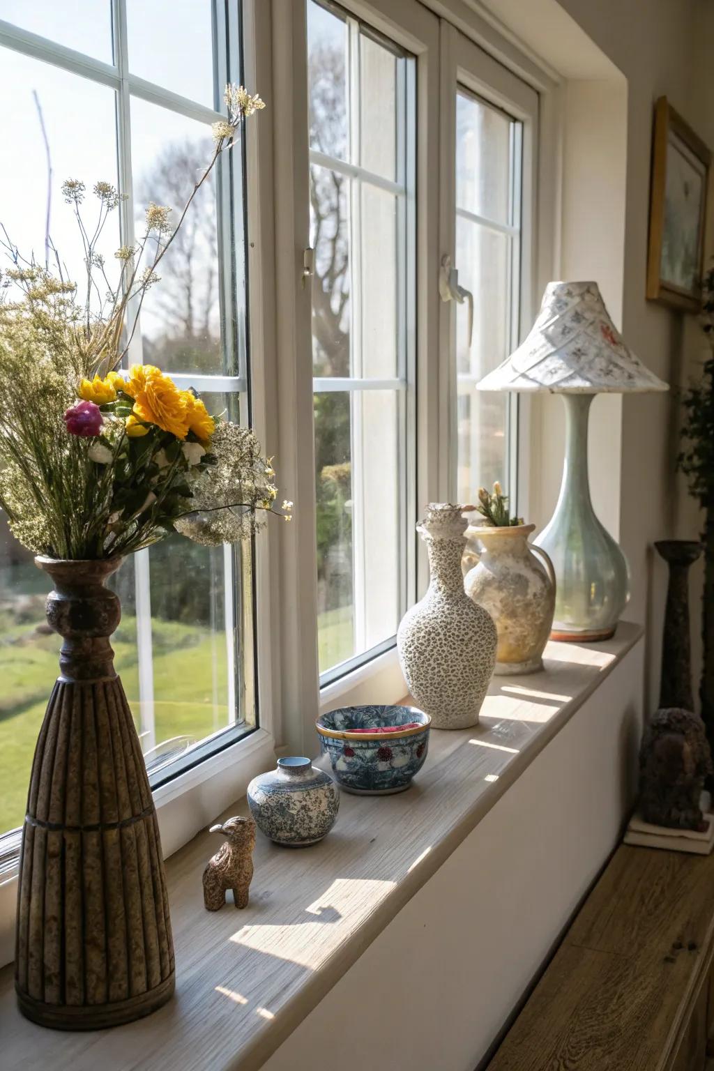 An extensive window ledge furnishing supplementary visual exhibit expanse for decorative articles.