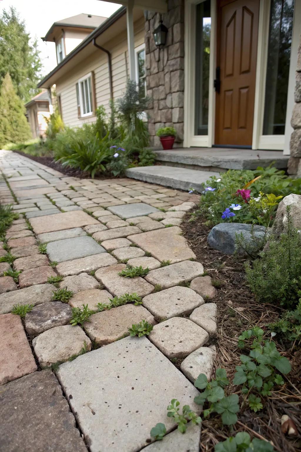 Vegetation among pavers crafts a spirited and attractive entrance.
