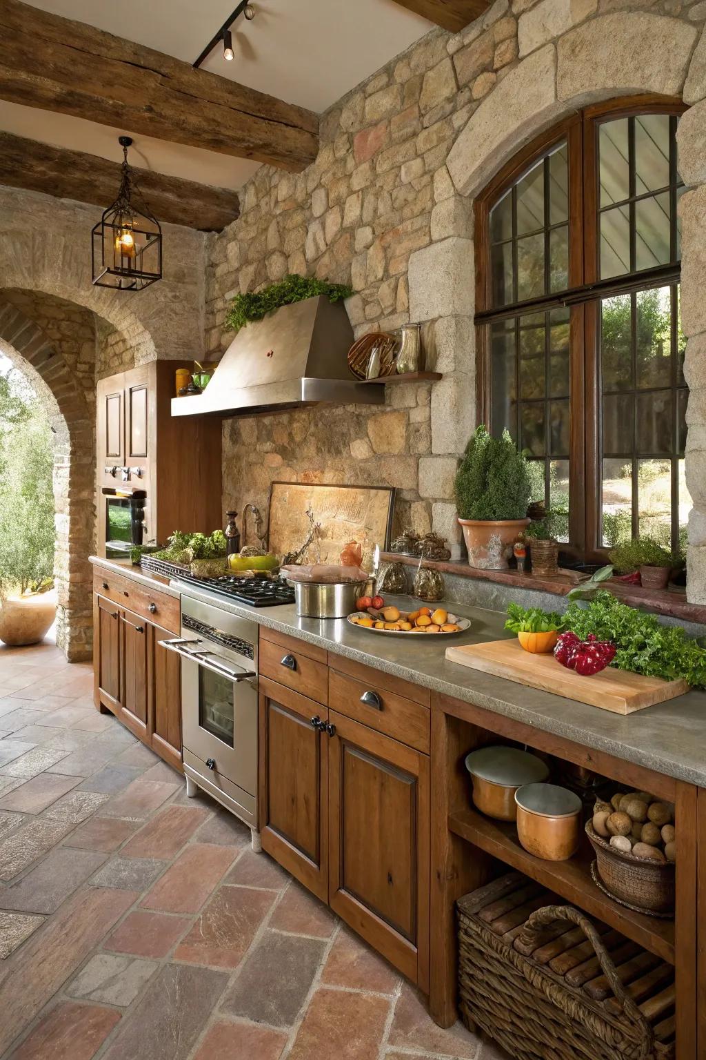 A unified mix of products includes texture to this cooking area.