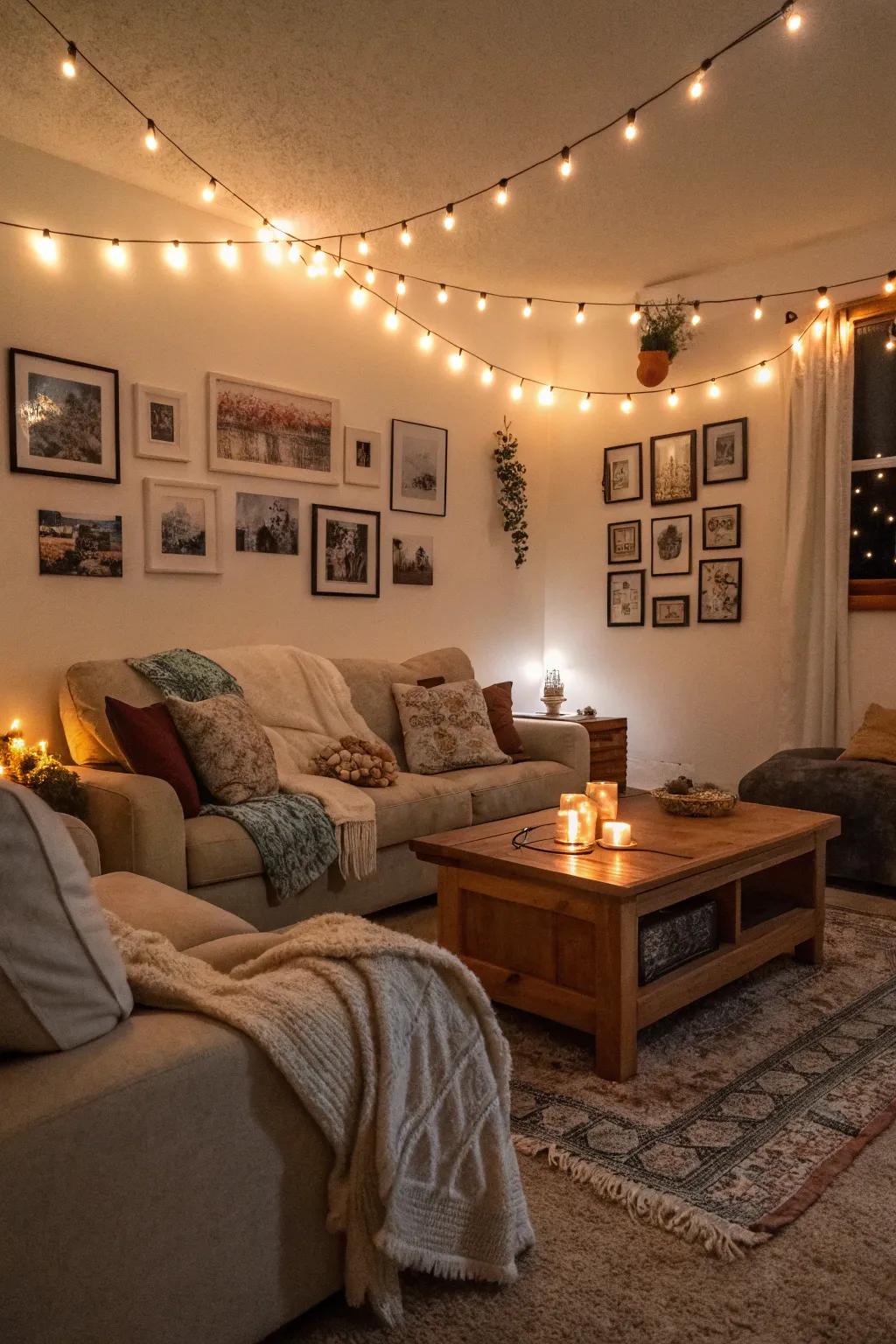 Tiny lights evoke the cozy glow of a jazz venue.