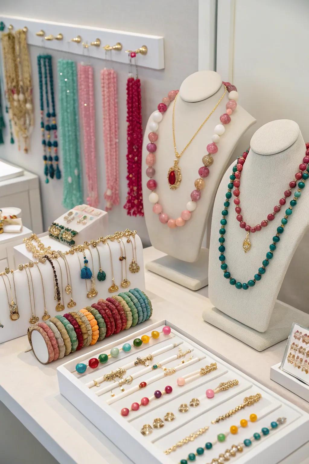 Achieve harmony and visual allure with color-coordinated jewelry arrangements.