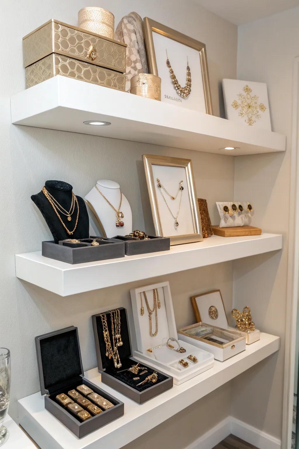 Jewelry on display using suspended shelves