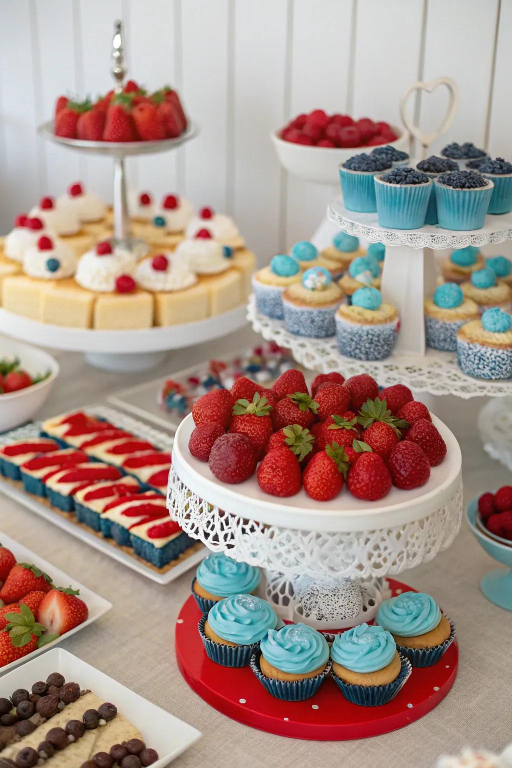 A themed confectionery display featuring confections and fruits in season.