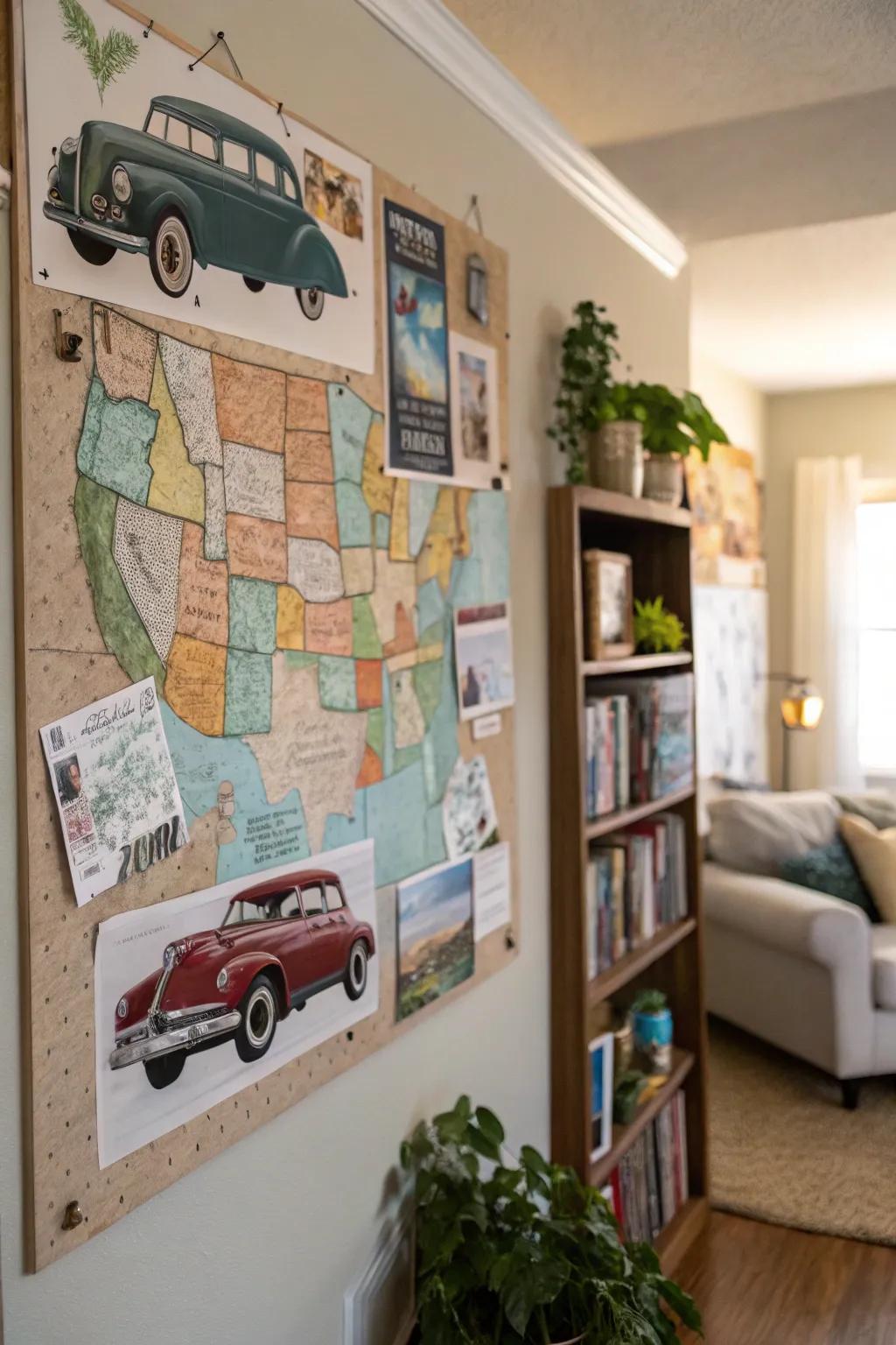 A road trip-themed bulletin board tailored for adventure enthusiasts.
