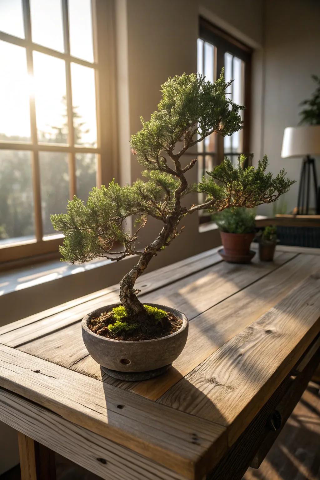 An air-swept juniper bonsai conveying a sensation of exploration upon a rustic wooden surface.